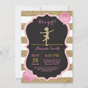 Convites Chuva de Bebê Bailarina Brilho Rosa e Dourado