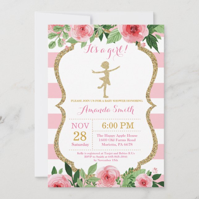 Convites Chuva de Bebê Bailarina Brilho Rosa e Dourado (Frente)