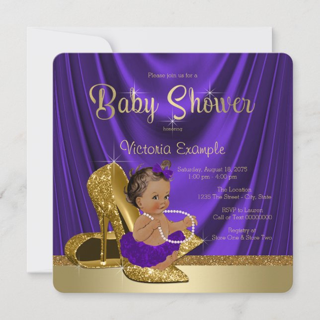Convites Chuva de Bebê Bailarina Roxa Etnica Sapato Dourado (Frente)