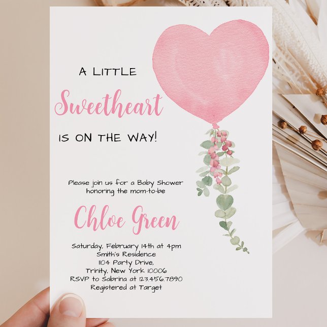 Convites Chuva de Bebê Balão Coração Rosa (Criador carregado)