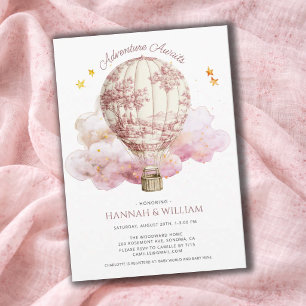 Convites Chuva de Bebê Balão Rosa de Ar Quente