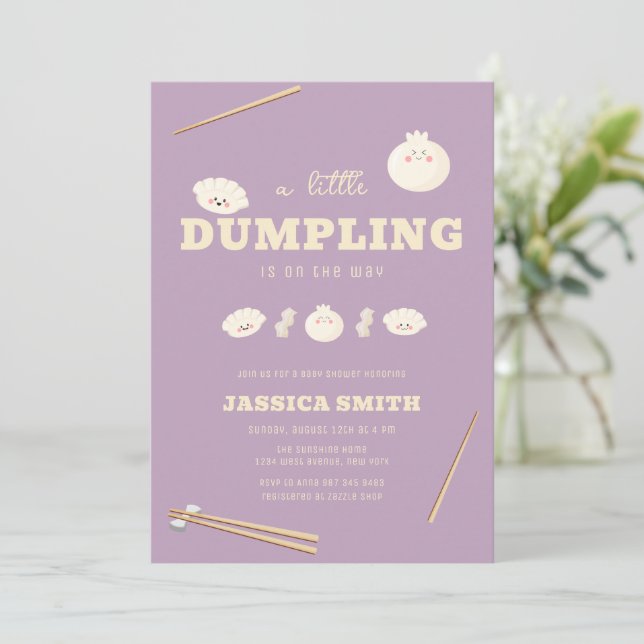 Convites Chuva de Bebê Bao Dumpling Kawaii Moderna Roxa (Em pé/Frente)