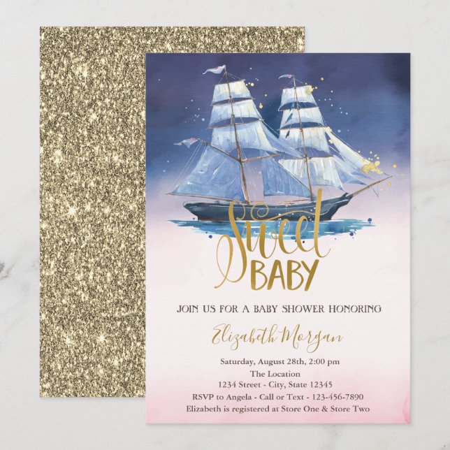 Convites Chuva de Bebê Barco à Vela Dourado Brilhante  (Frente/Verso)