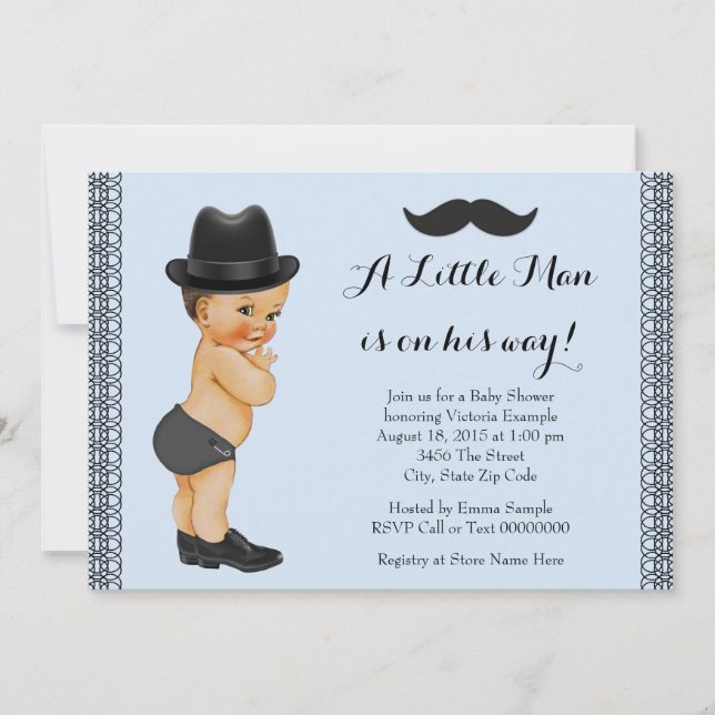 Convites Chuva de Bebê Bebê Azul e Preto com Bigode (Frente)
