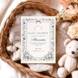 Convites Chuva de Bebê Bebê em Flor Porcelana Azul