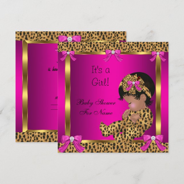 Convites Chuva de Bebê Bebê Fofo Menina Leopardo Rosa Doura (Frente/Verso)