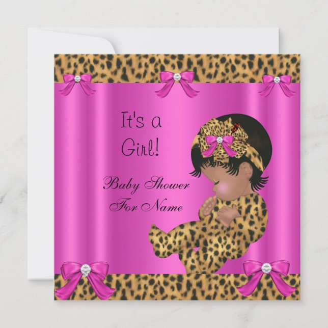 Convites Chuva de Bebê Bebê Fofo Menina Leopardo Rosa Quent (Frente)