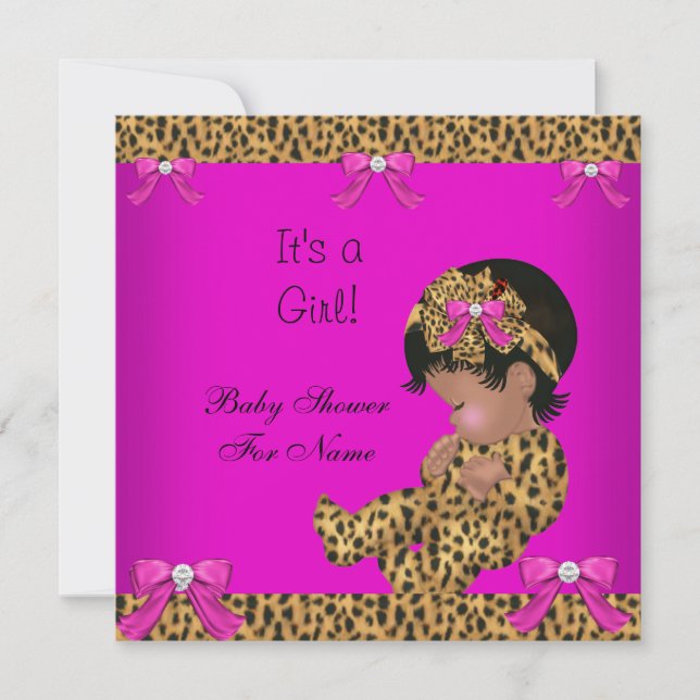 Convites Chuva de Bebê Bebê Menina Fofa Leopardo Rosa Doura (Frente)