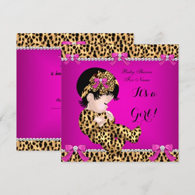 Convites Chuva de Bebê Bebê Menina Fofa Leopardo Rosa Quent (Frente/Verso)
