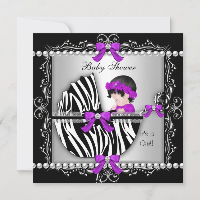 Convites Chuva de Bebê Bebê Menina Fofo Zebra Carrinho Prat (Frente)