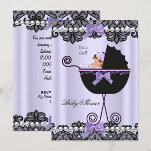 Convites Chuva de Bebê Bebê Menina Lavanda Roxo Preto Renda
