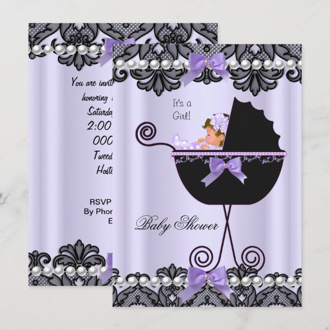 Convites Chuva de Bebê Bebê Menina Lavanda Roxo Preto Renda (Frente/Verso)