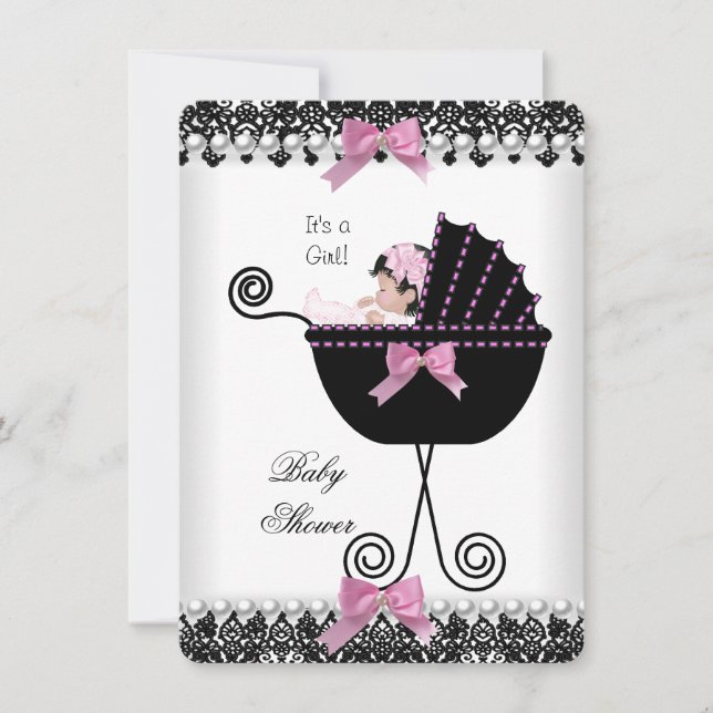 Convites Chuva de Bebê Bebê Menina Rosa Preto Branco Renda (Frente)