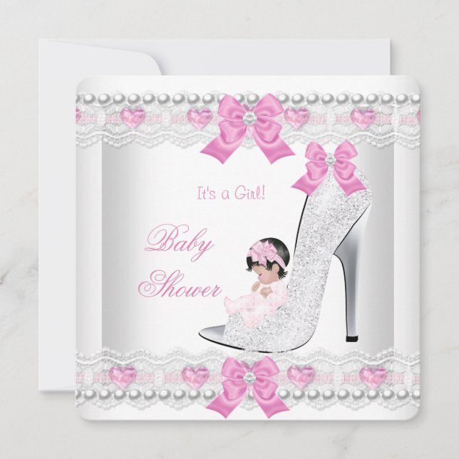 Convites Chuva de Bebê Bebê Menina Rosa Renda Branca Sapato (Frente)