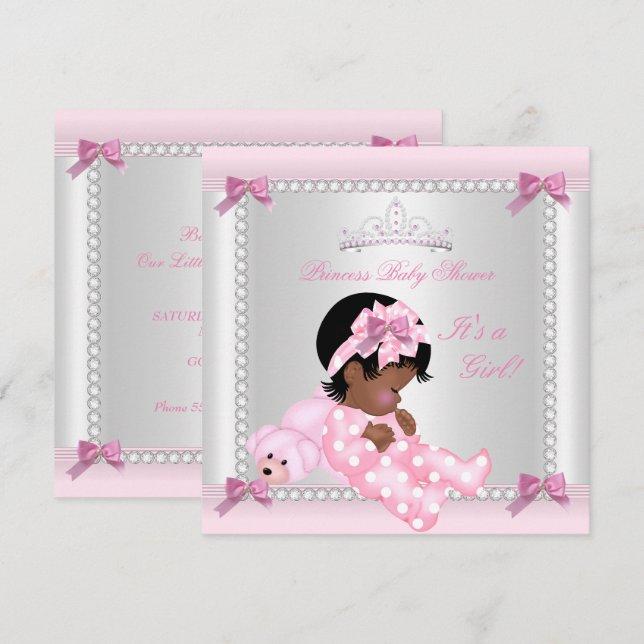 Convites Chuva de Bebê Bebê Menina Urso Rosa Afro-Americano (Frente/Verso)