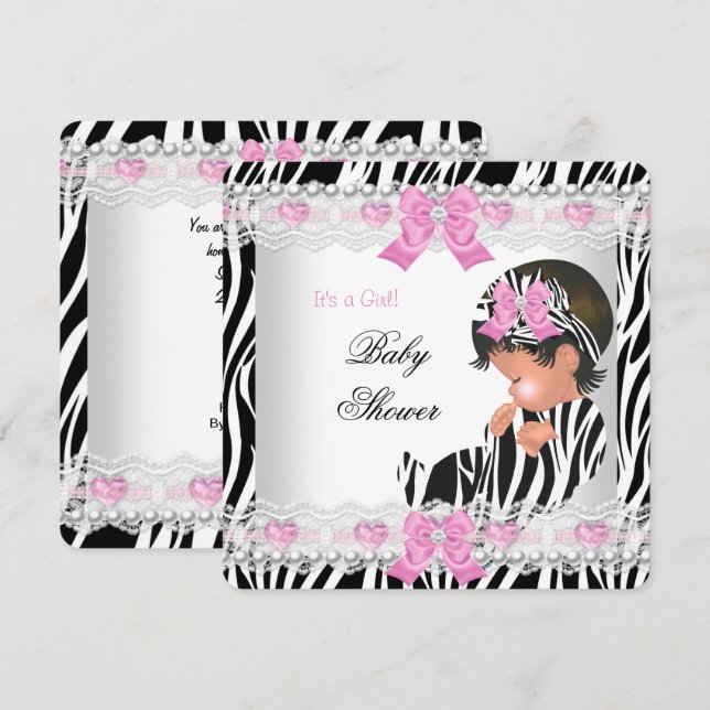 Convites Chuva de Bebê Bebê Menina Zebra Rosa Coração (Frente/Verso)