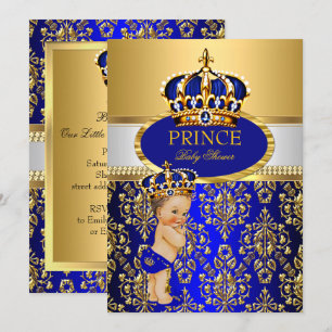 Convites Chuva de Bebê Bebê Menino Coroa Azul Real