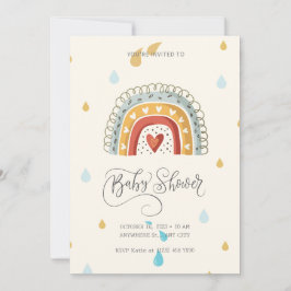 Convites Chuva de Bebê Beige Moderna Fofa Arco-Íris