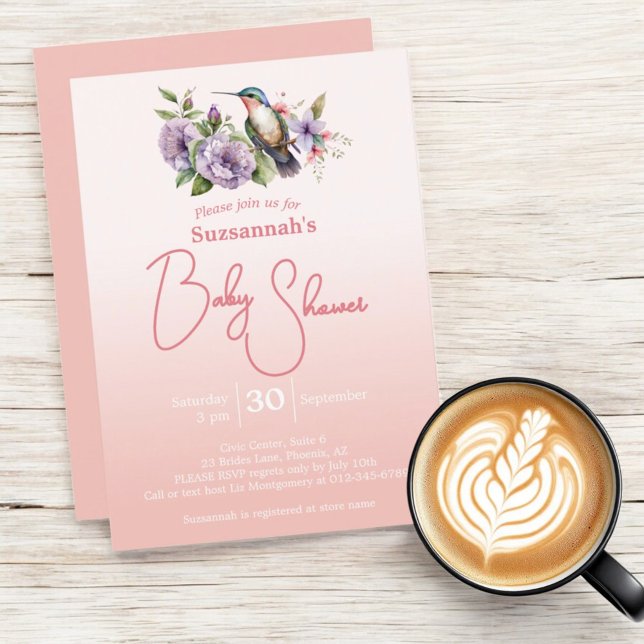 Convites Chuva de Bebê Beija-Flor Pastel Pêssego Ombre (baby shower template invitation front and matching solid color back)