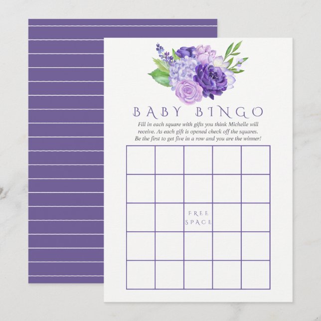 Convites Chuva de Bebê Bingo Floral Aquarela Violeta Ultra (Frente/Verso)