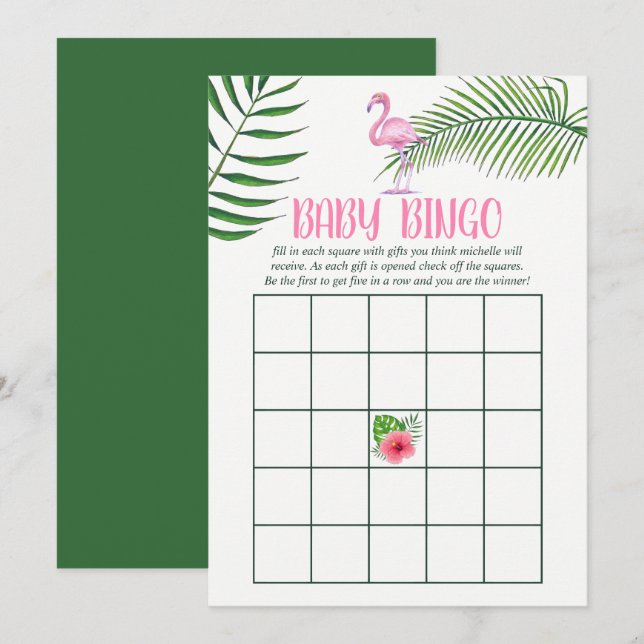 Convites Chuva de Bebê Bingo Tropical Flamingo Aquarela (Frente/Verso)