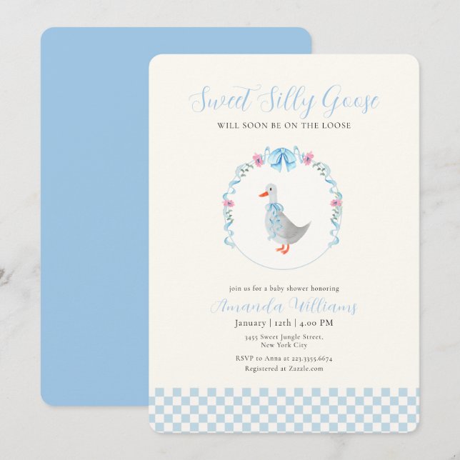 Convites Chuva de Bebê Blue Gingham Woodland Silly Goose (Frente/Verso)