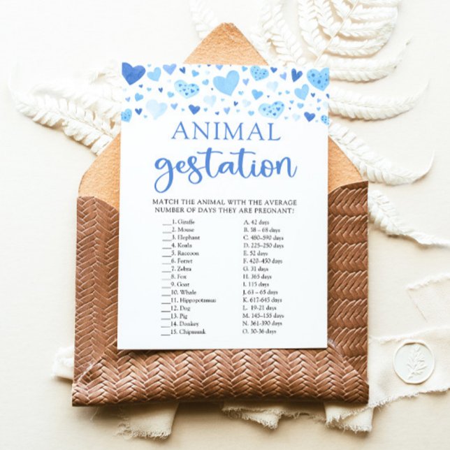 Convites Chuva de Bebê Blue Valentine Jogo de Gestação Anim (Watercolor Cute Blue Hearts Valentine Sweetheart February Boy Animal Gestation Baby Baby Shower Game)