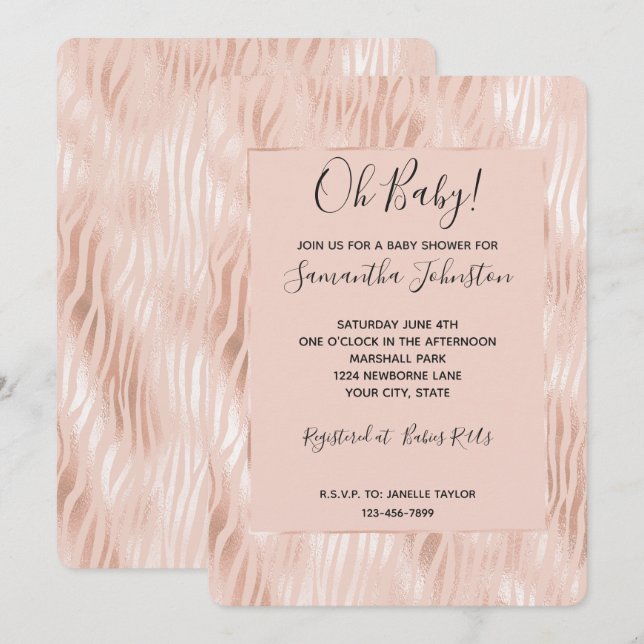 Convites Chuva de Bebê Blush Rosa Pêssego Zebra (Frente/Verso)