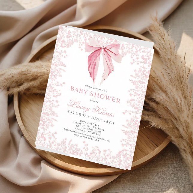 Convites Chuva de Bebê Blush Wildflower com Laço Rosa (Criador carregado)