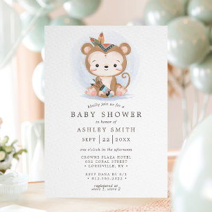 Convites Chuva de Bebê Boêmio de Macaco Boho Aquarela Triba