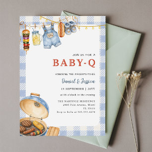 Convites Chuva de Bebê Boho Azul Xadrez BBQ Baby Q