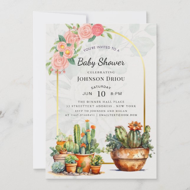 Convites Chuva de Bebê Boho Cactus (Frente)