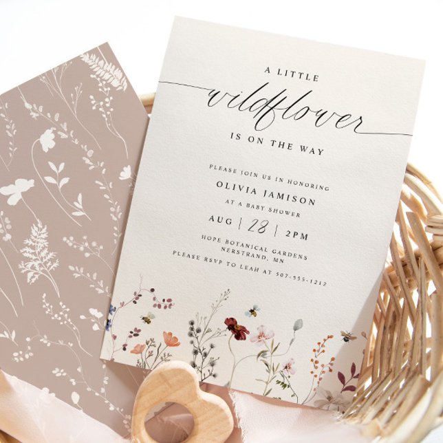 Convites Chuva de Bebê Boho Flor Silvestre Florestal Elegan (Elegant Boho Wildflower Baby Shower Invitation with Bees)