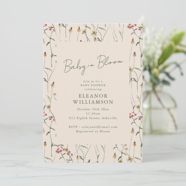 Convites Chuva de Bebê Boho Flor Silvestre Terrosa em Flor (Em pé/Frente)