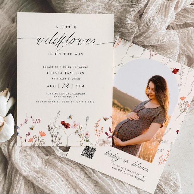 Convites Chuva de Bebê Boho Flor Silvestre Vegetação (Boho A little Wildlflower Baby Shower Invitation with photo on back)