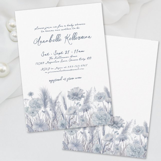 Convites Chuva de Bebê Boho Floral Azul Empoeirado (Dusty Blue Pampas Floral Boho Baby Shower Invitation)