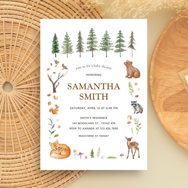 Convites Chuva de Bebê Boho Floresta Silvestre (Woodland Animals Forest Baby Shower Invitation)