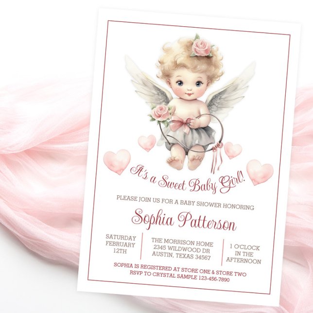 Convites Chuva de Bebê Boho no Dia dos Namorados Querubim (Sweet angel cherub baby shower invitation.)