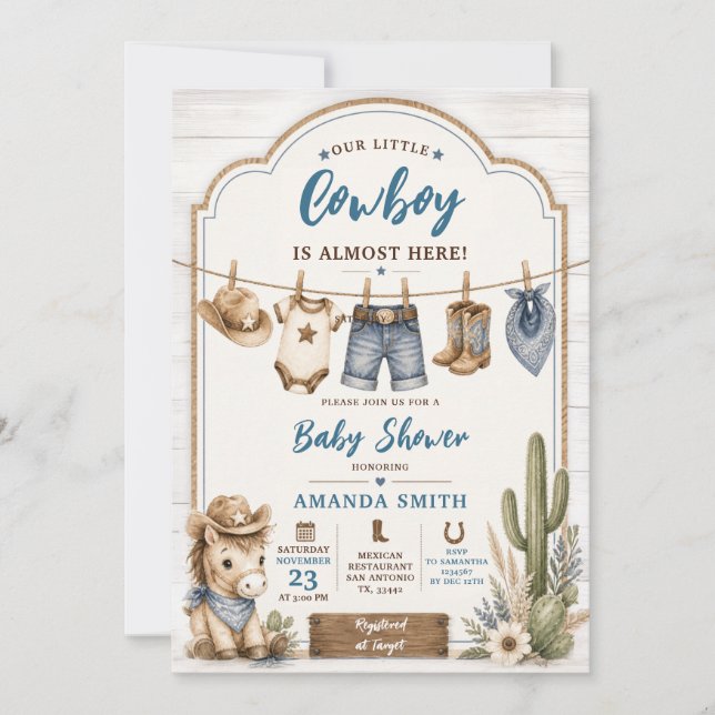 Convites Chuva de Bebê Boho Nosso Pequeno Cowboy Cavalo do  (Frente)