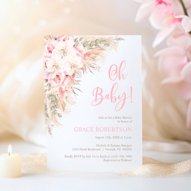 Convites Chuva de Bebê Boho Orquídeas Peônias Menina Oh Beb (Boho Pampas Orchids Peonies Girl Oh Baby Shower Invitation)