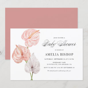 Convites Chuva de Bebê Boho Rosa Anthuriums Aquarela