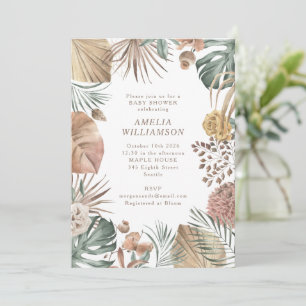 Convites Chuva de Bebê Boho Rústico com Vegetação Outonal c