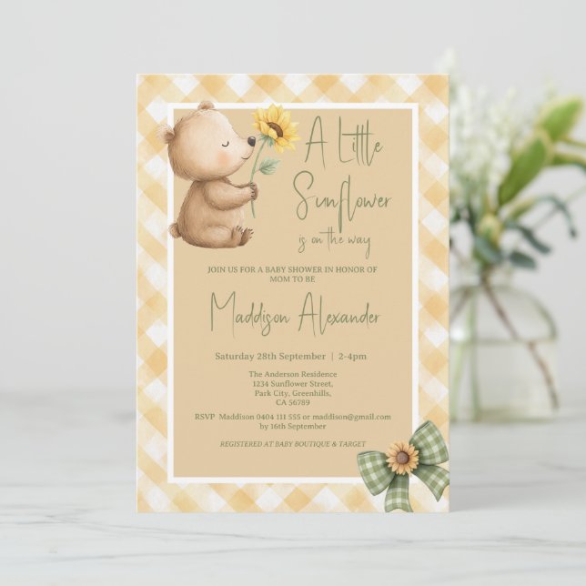Convites Chuva de Bebê Boho Urso Marrom Girassol (Em pé/Frente)