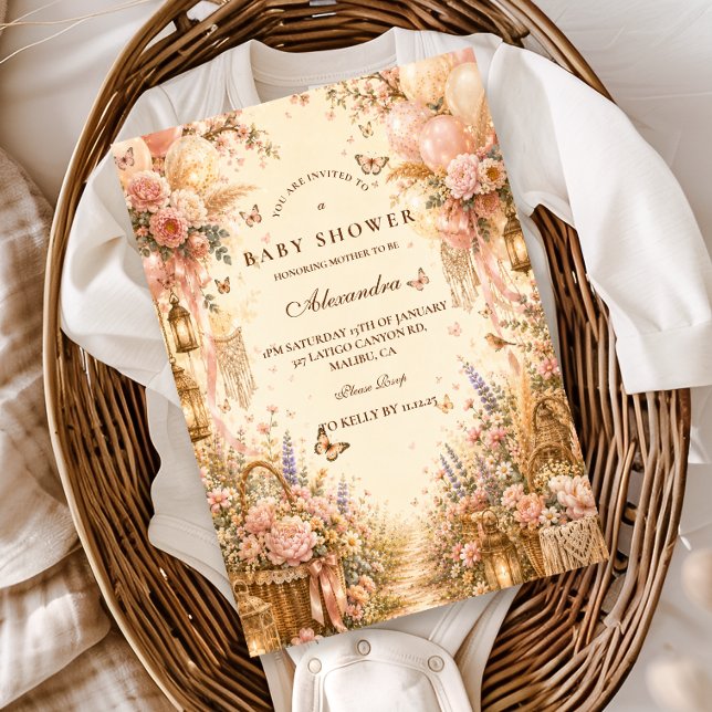 Convites Chuva de Bebê Borboleta Elegante Boho (Criador carregado)