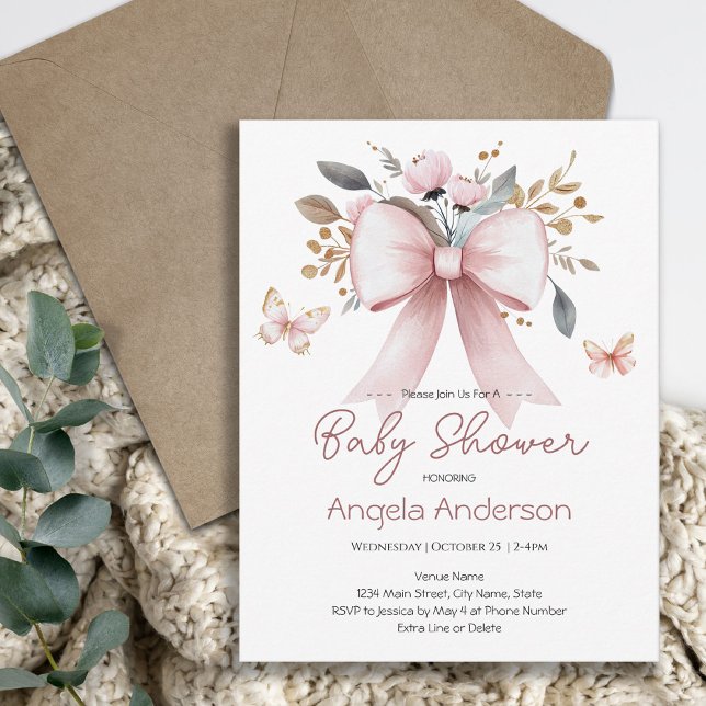 Convites Chuva de Bebê Borboleta Laço Floral Rosa Elegante (Criador carregado)