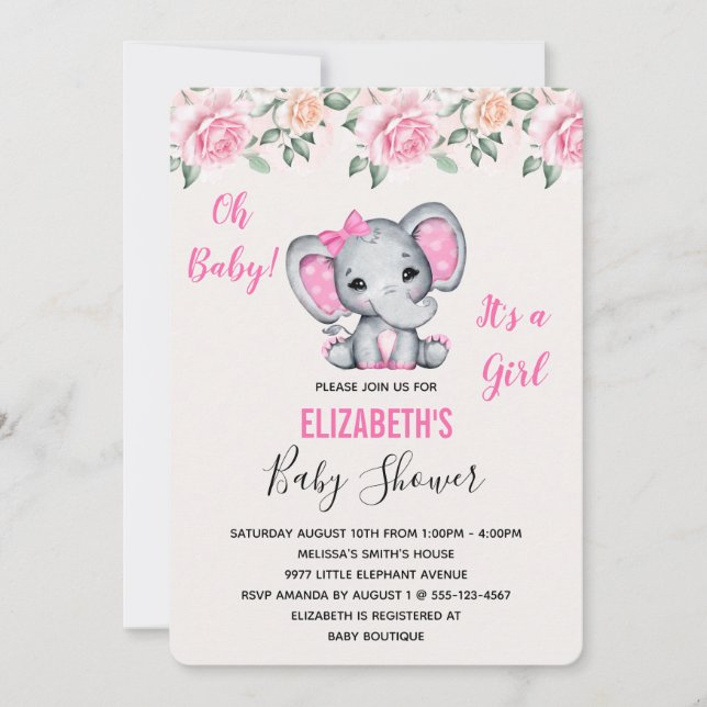 Convites Chuva de Bebê Borda de Elefante Rosa e Rosas (Frente)
