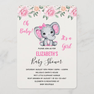 Convites Chuva de Bebê Borda de Elefante Rosa e Rosas