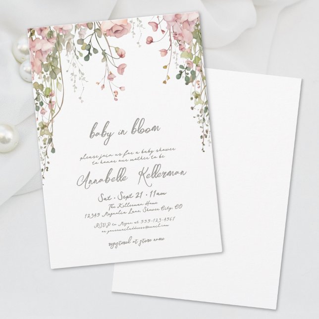 Convites Chuva de Bebê Botânica Rosa Cor-de-Rosa de Flores  (Blush Pink Botanical Wildflower Baby Shower Invitation)