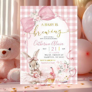 Convites Chuva de Bebê Bunny Floral Rosa Coquette Gingham