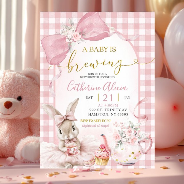 Convites Chuva de Bebê Bunny Floral Rosa Coquette Gingham (Criador carregado)